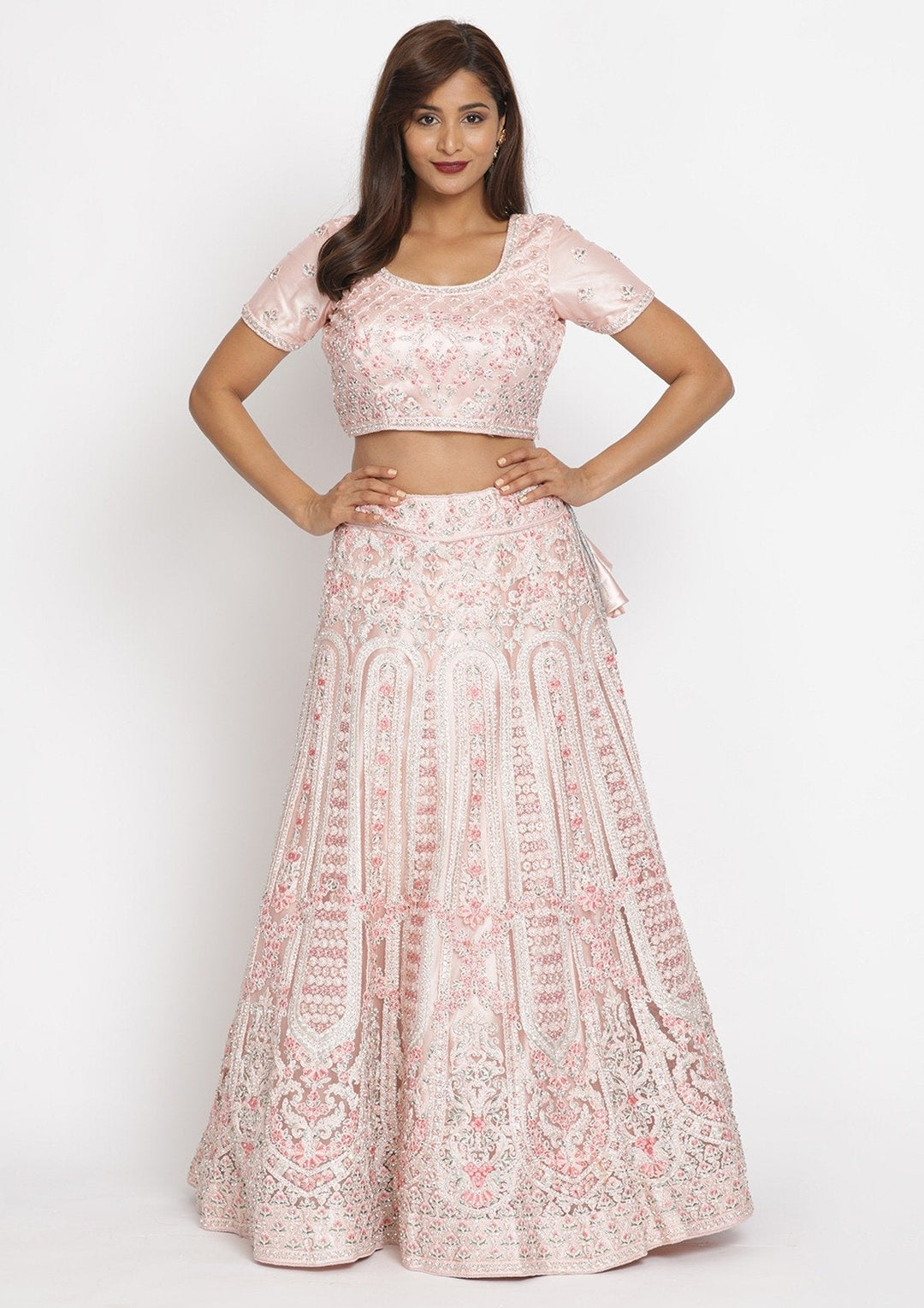 Baby Pink Threadwork Net Designer Semi-Stitched Lehenga - koskii