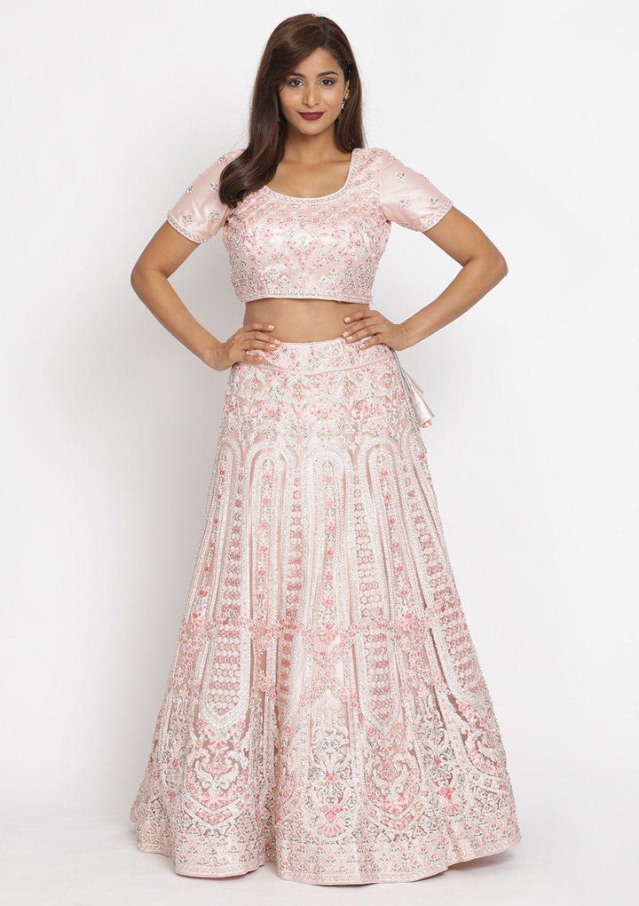 Baby Pink Threadwork Net Designer Semi-Stitched Lehenga - koskii