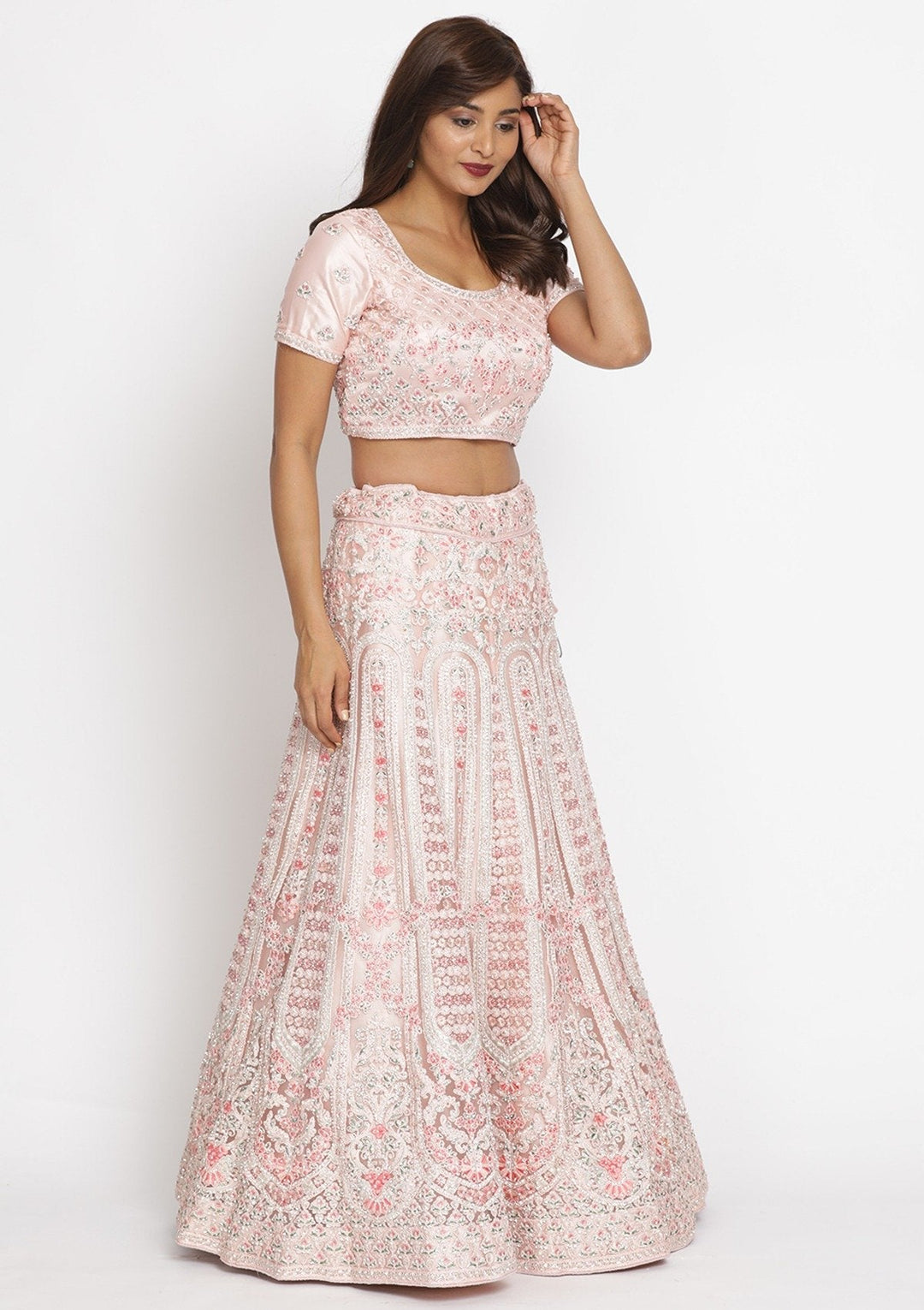 Baby Pink Threadwork Net Designer Semi-Stitched Lehenga - koskii