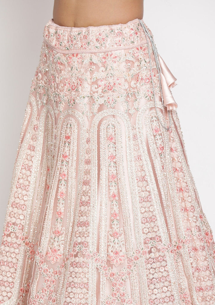 Baby Pink Threadwork Net Designer Semi-Stitched Lehenga - koskii