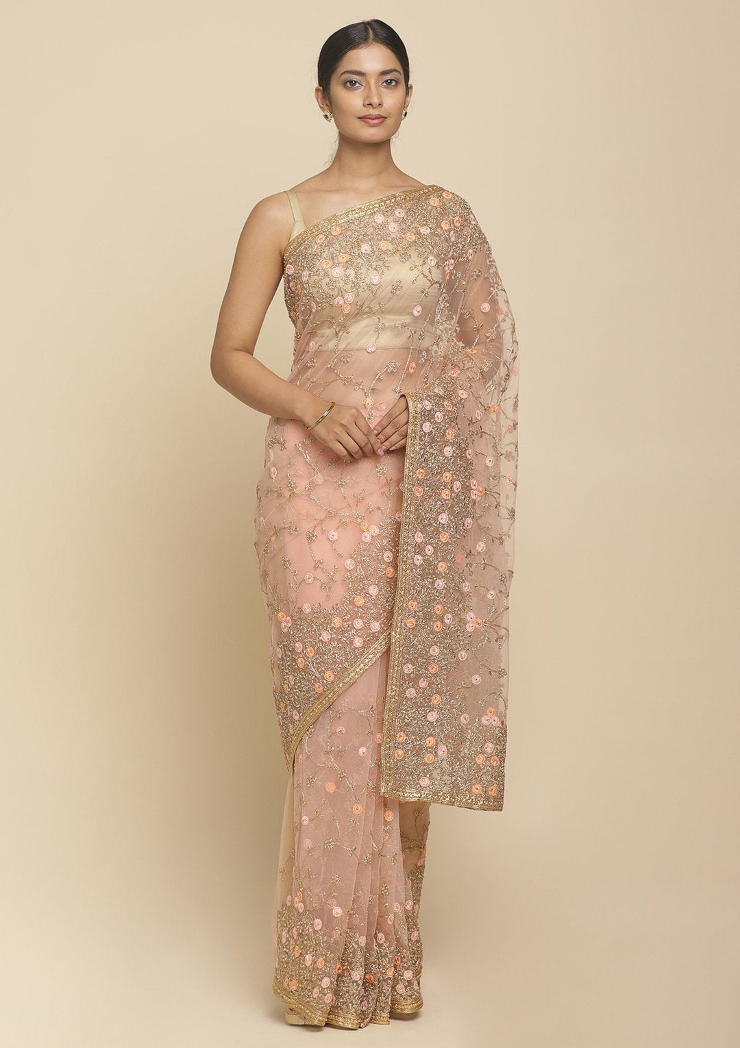 Baby Pink Pearlwork  Net Designer Saree - koskii