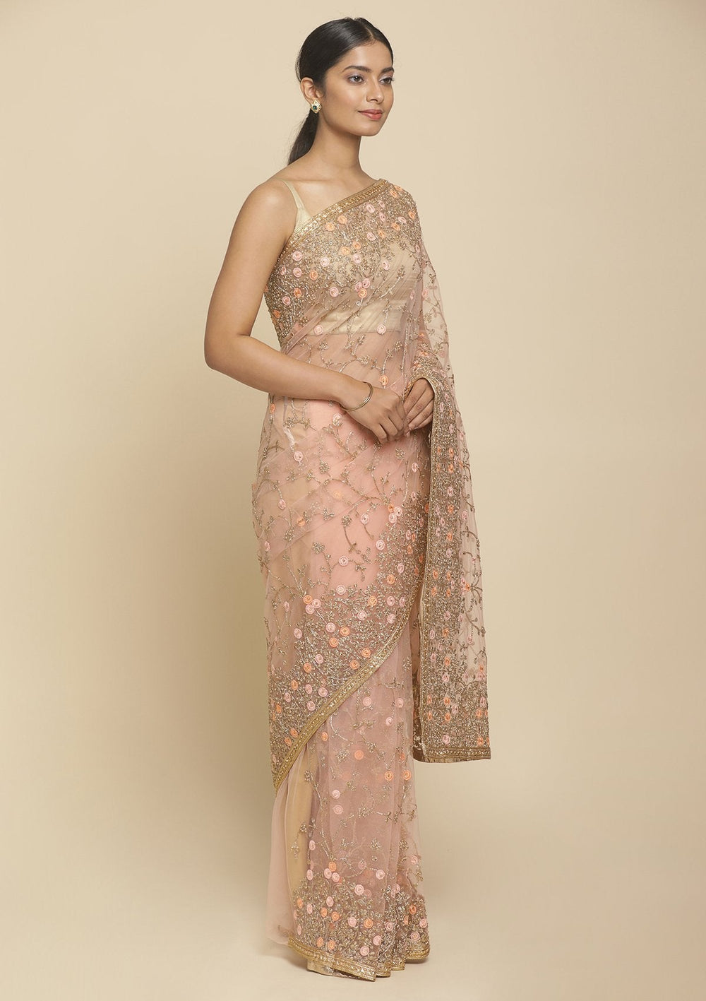 Baby Pink Pearlwork  Net Designer Saree - koskii