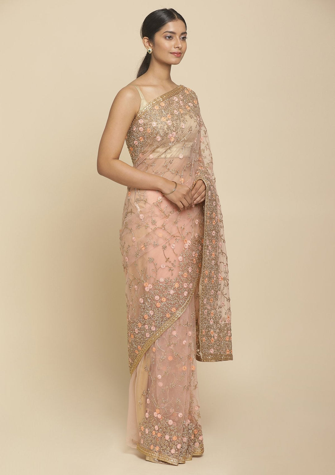 Baby Pink Pearlwork  Net Designer Saree - koskii