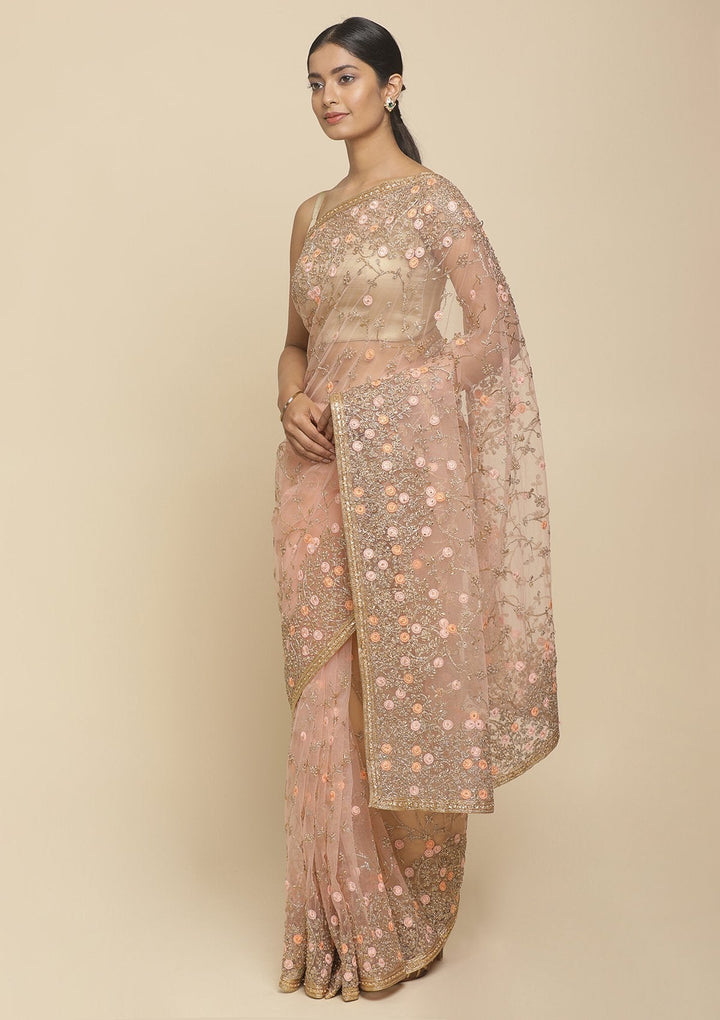 Baby Pink Pearlwork  Net Designer Saree - koskii