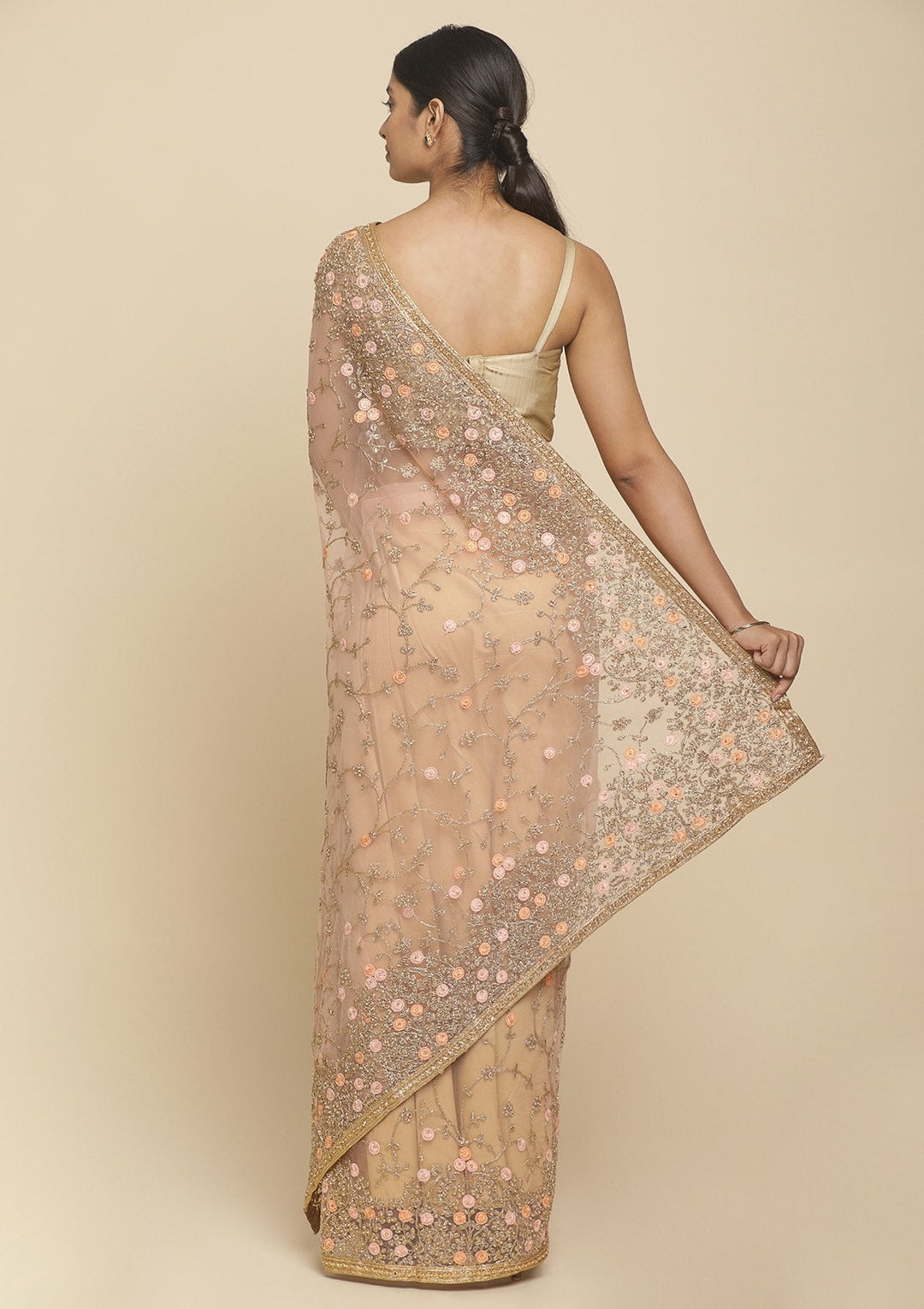 Baby Pink Pearlwork  Net Designer Saree - koskii