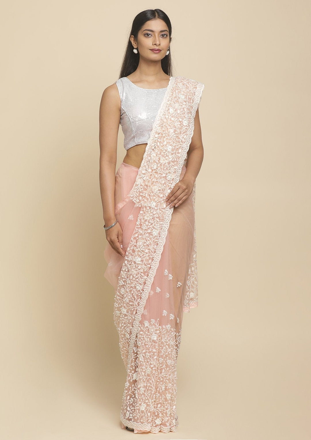 Baby Pink Pearlwork  Net Designer Saree - koskii