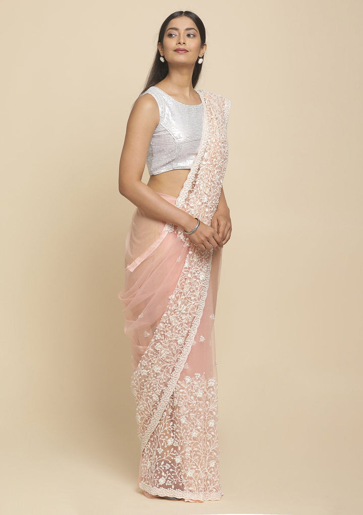 Baby Pink Pearlwork  Net Designer Saree - koskii
