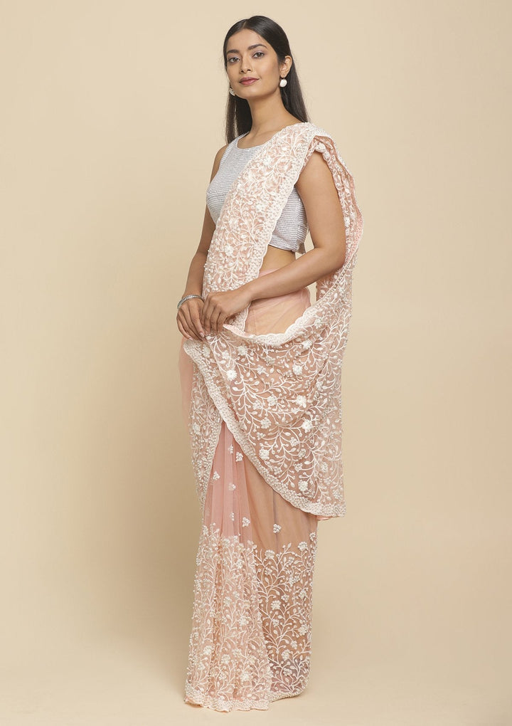 Baby Pink Pearlwork  Net Designer Saree - koskii