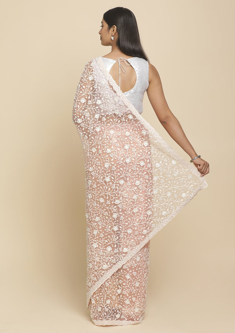 Baby Pink Pearlwork  Net Designer Saree - koskii