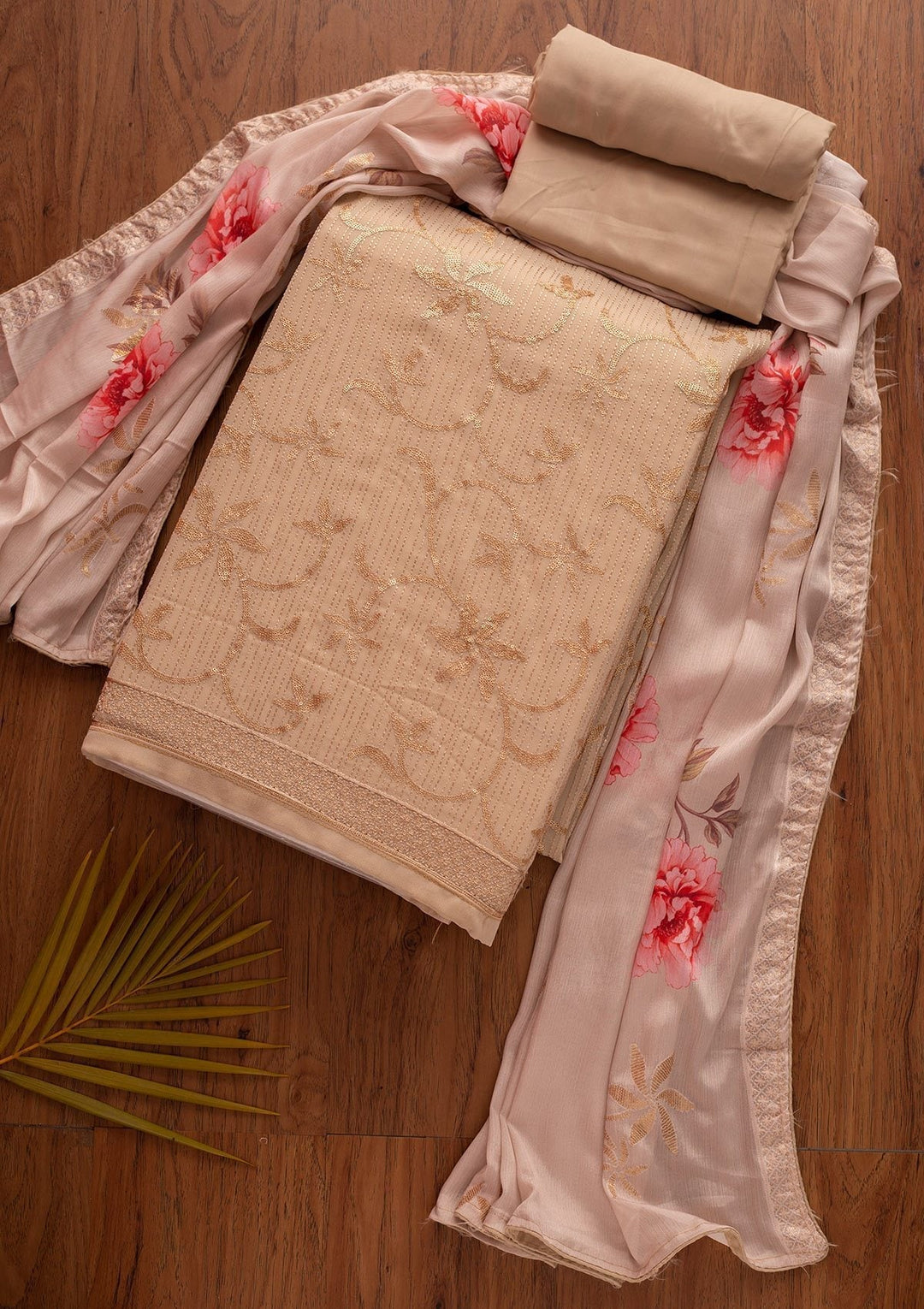 Beige Sequins Georgette Designer Unstitched Salwar Suit - koskii
