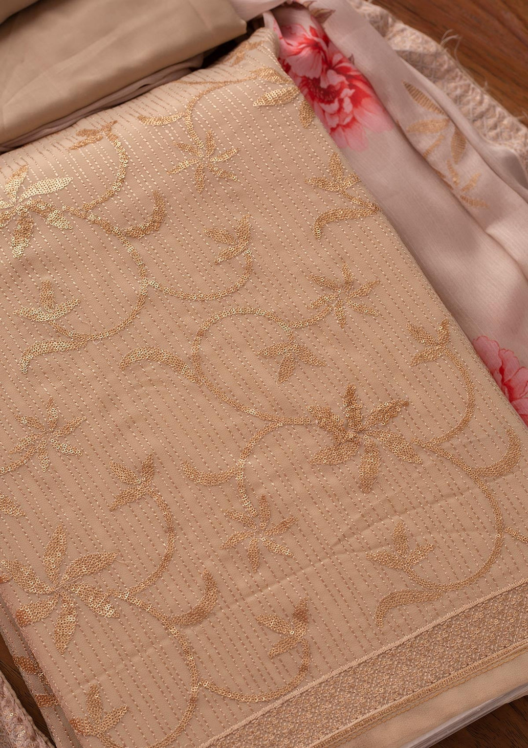 Beige Sequins Georgette Designer Unstitched Salwar Suit - koskii