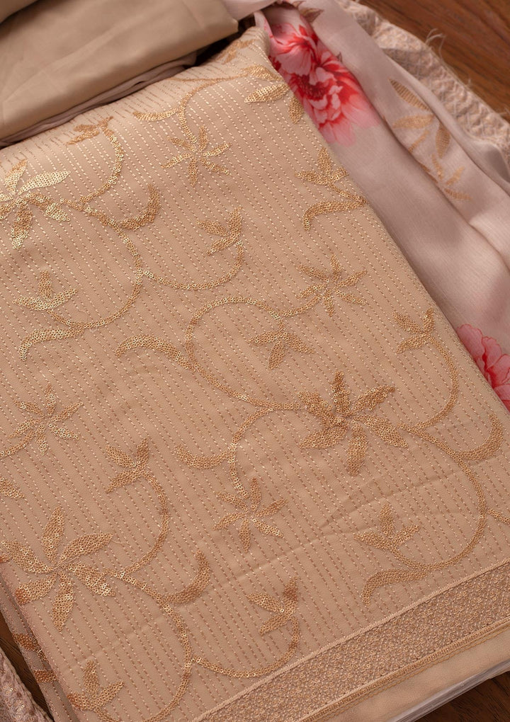 Beige Sequins Georgette Designer Unstitched Salwar Suit - koskii