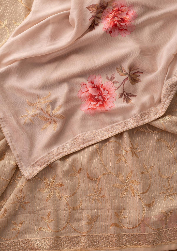 Beige Sequins Georgette Designer Unstitched Salwar Suit - koskii