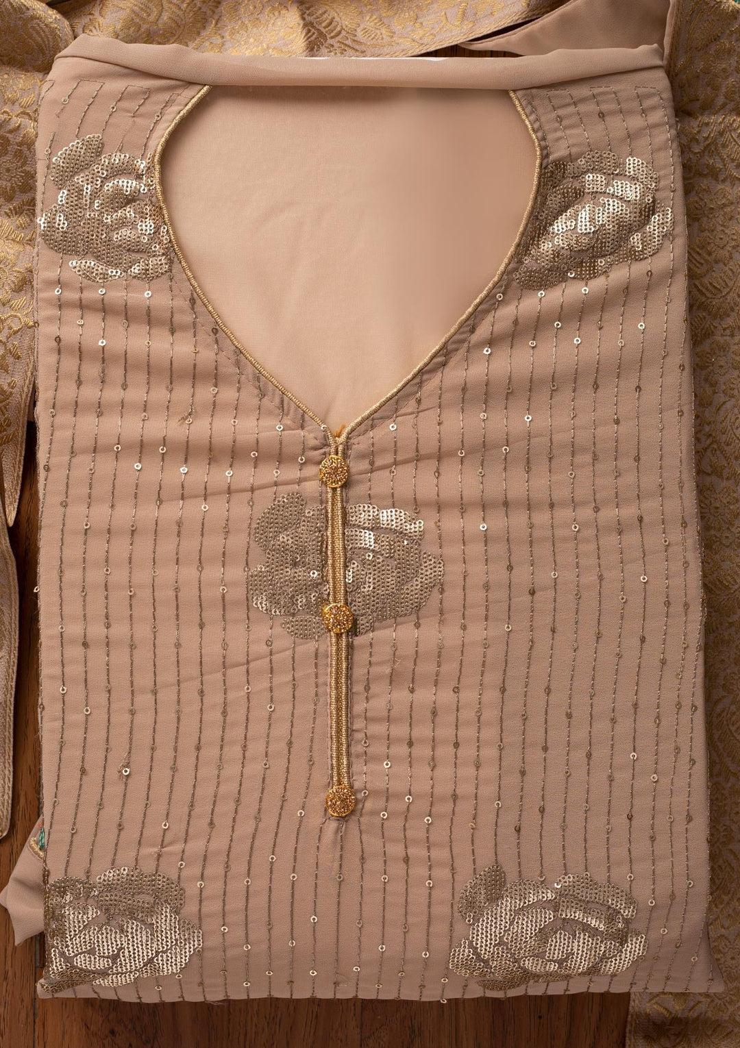 Beige Sequins Georgette Designer Unstitched Salwar Suit - koskii