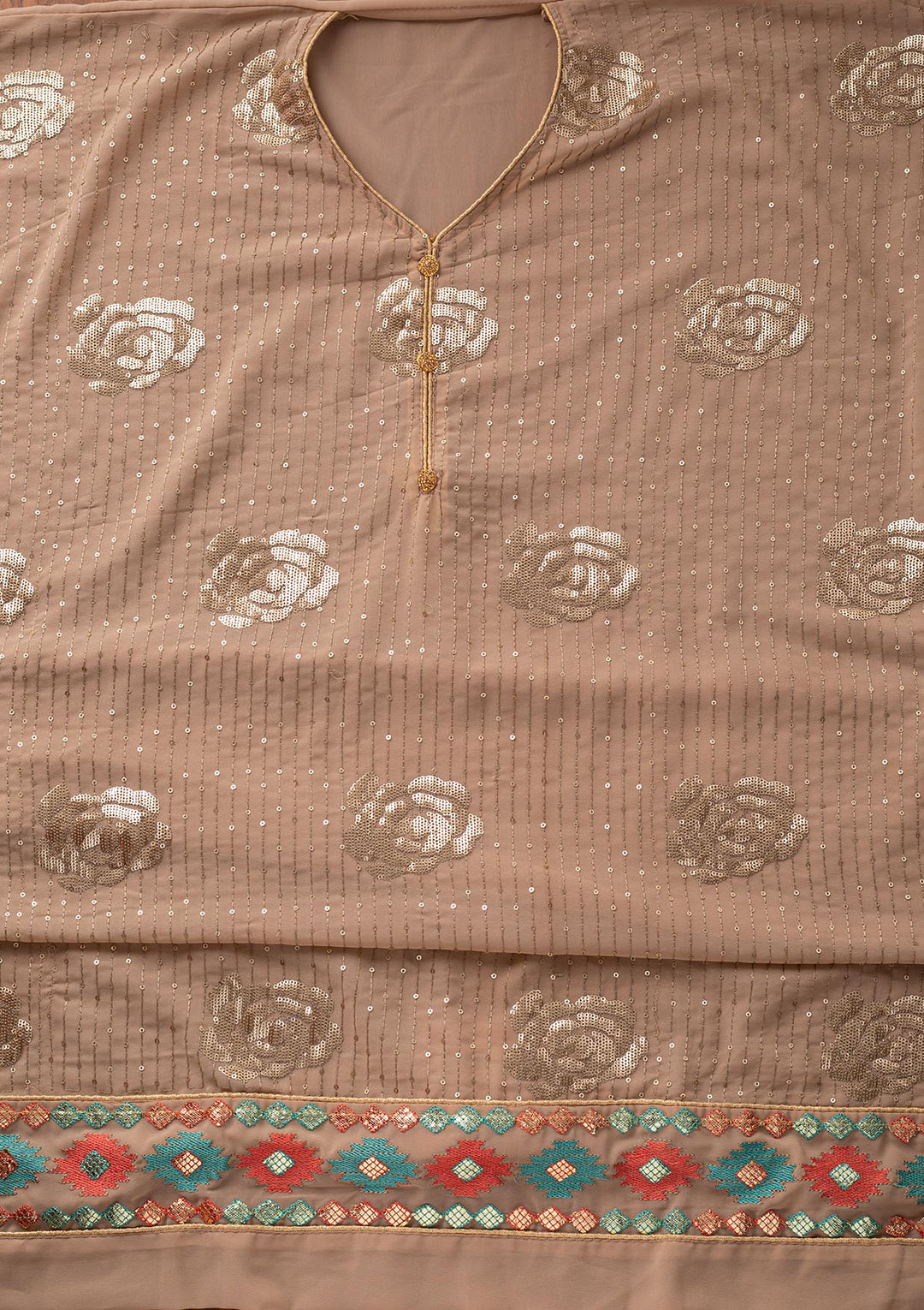 Beige Sequins Georgette Designer Unstitched Salwar Suit - koskii
