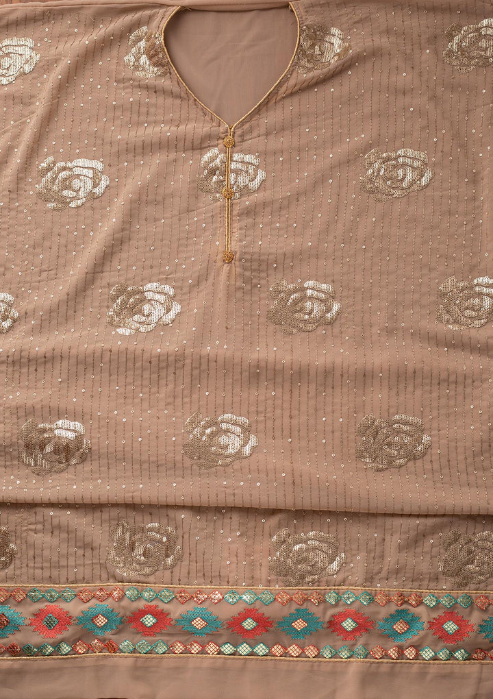 Beige Sequins Georgette Designer Unstitched Salwar Suit - koskii