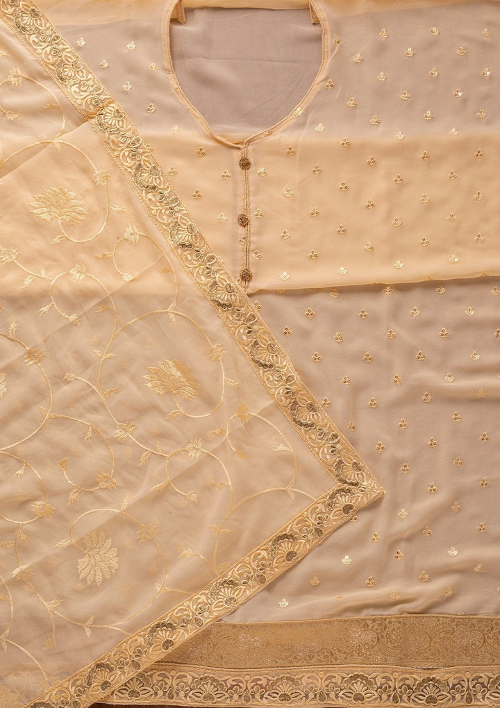 Beige Stonework Georgette Designer Unstitched Salwar Suit - koskii