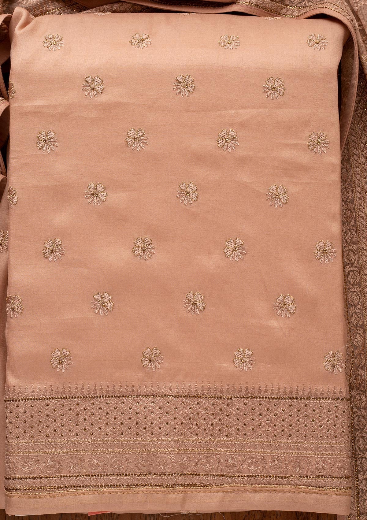 Beige Swarovski Chanderi Designer Unstitched Salwar Suit - koskii