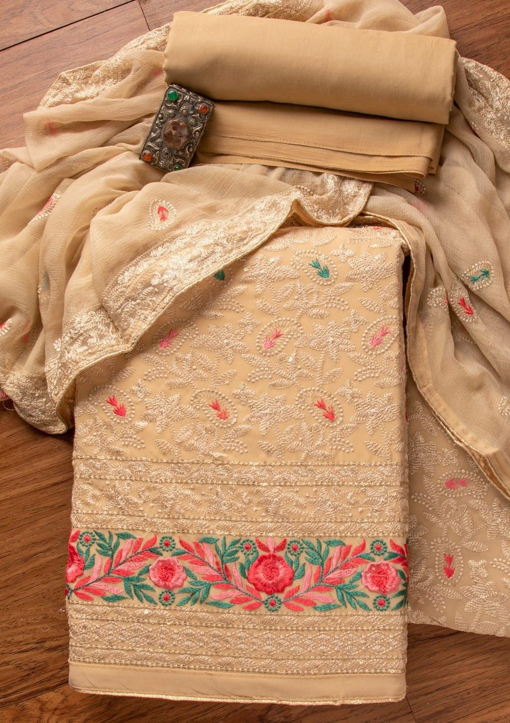 Beige Threadwork Georgette Designer Unstitched Salwar Suit - koskii