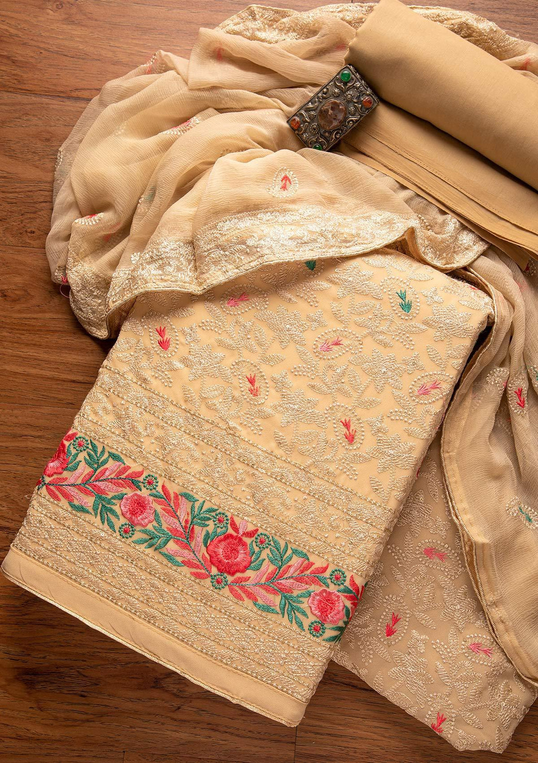Beige Threadwork Georgette Designer Unstitched Salwar Suit - koskii