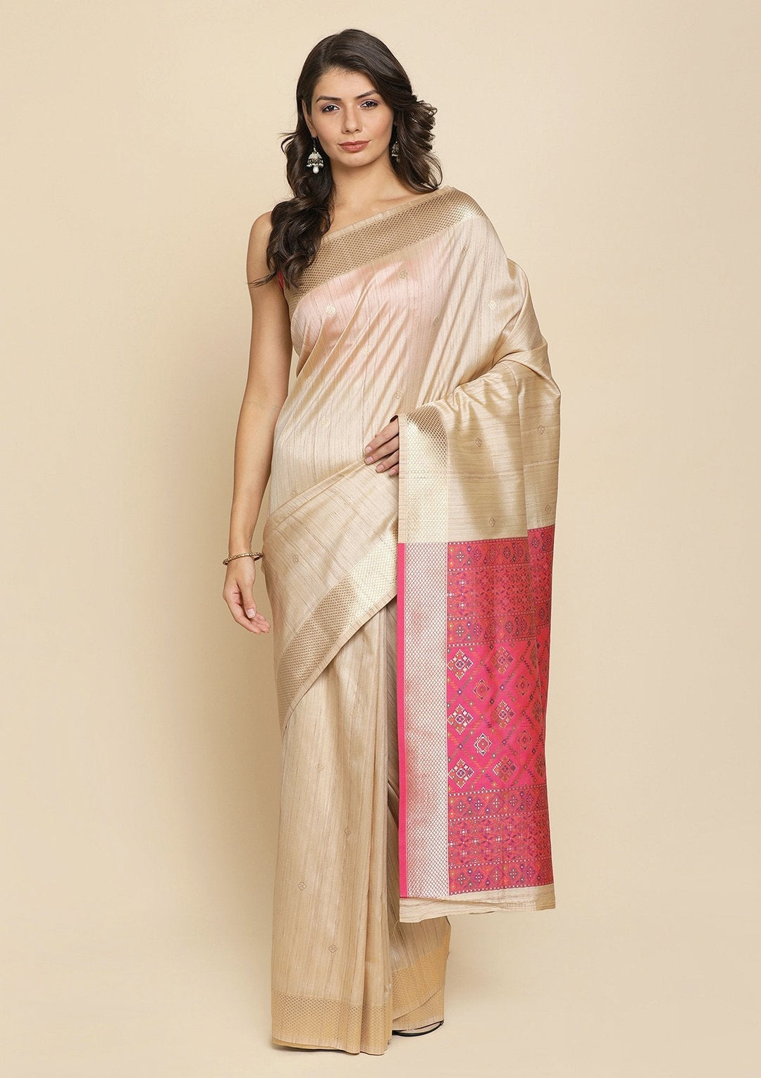 Beige Zariwork Raw Silk Designer Saree - koskii