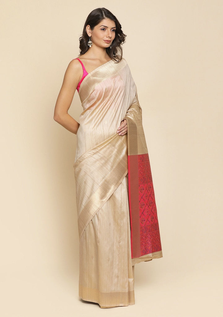 Beige Zariwork Raw Silk Designer Saree - koskii