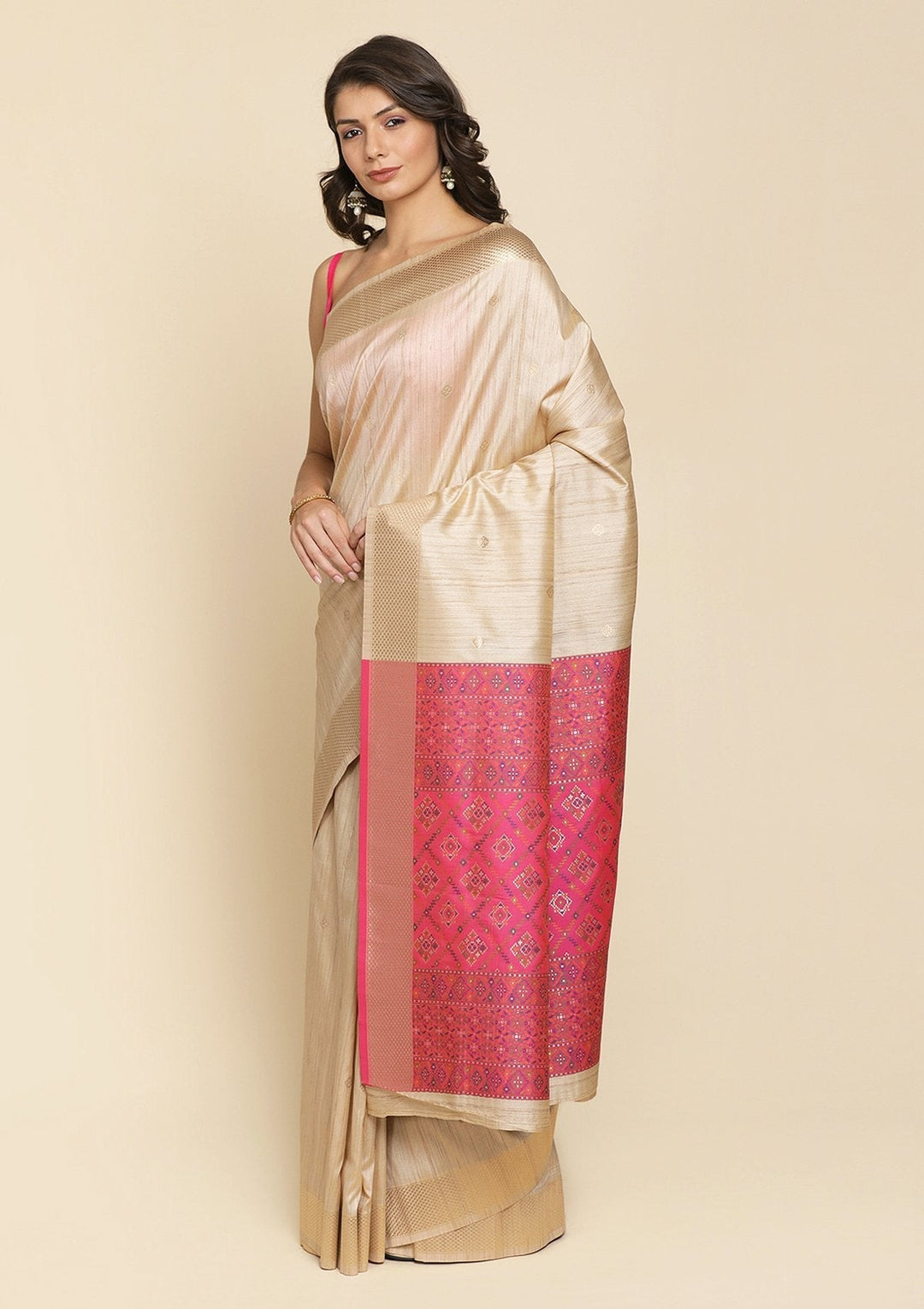 Beige Zariwork Raw Silk Designer Saree - koskii