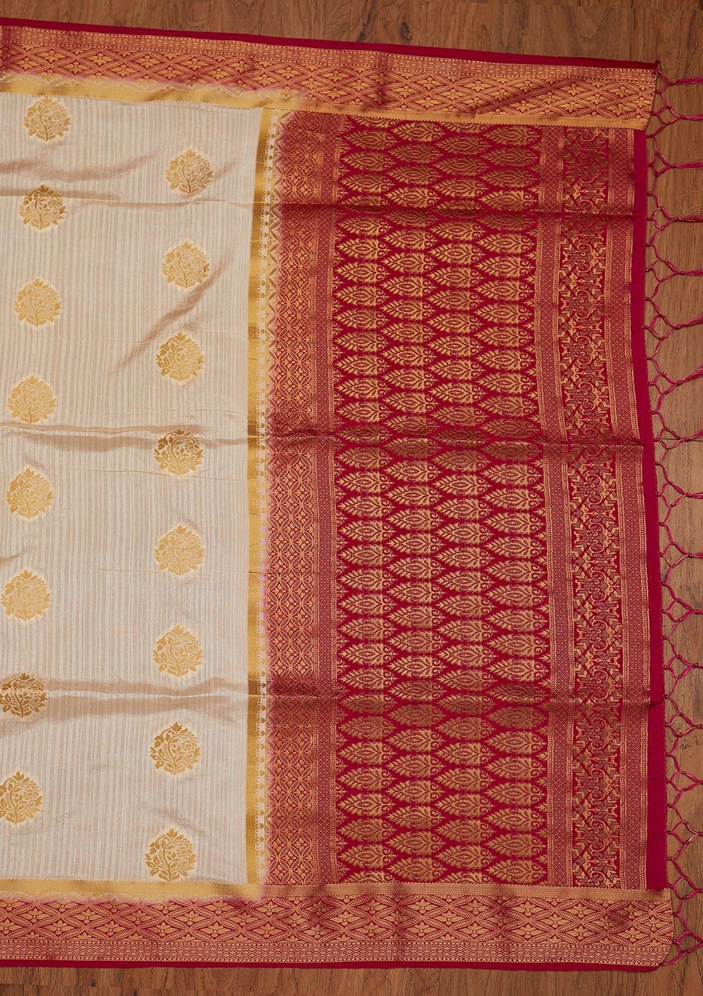 Beige Zariwork Raw Silk Designer Saree - koskii