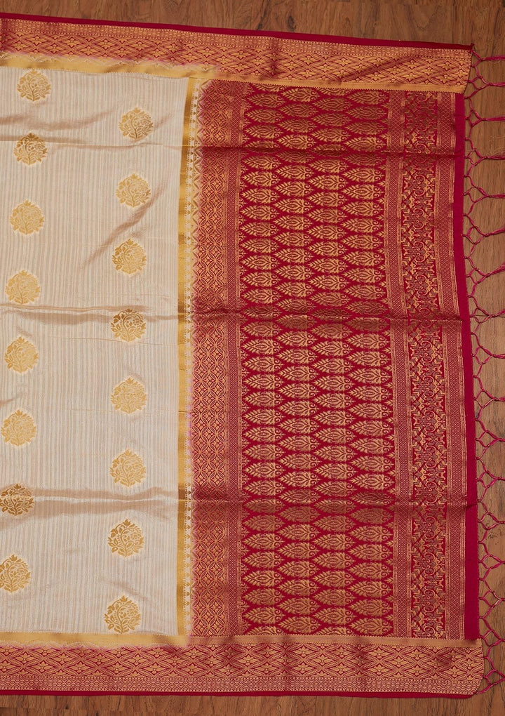 Beige Zariwork Raw Silk Designer Saree - koskii