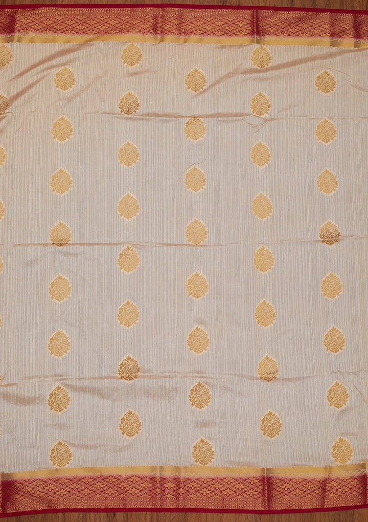 Beige Zariwork Raw Silk Designer Saree - koskii