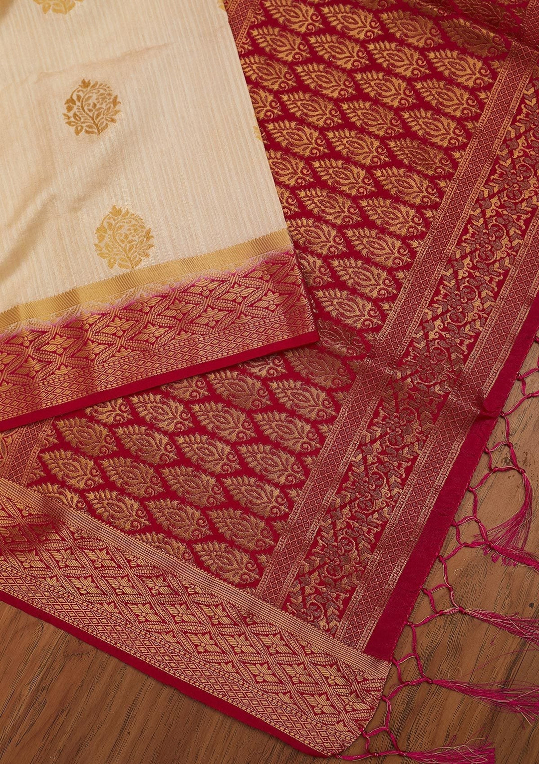 Beige Zariwork Raw Silk Designer Saree - koskii
