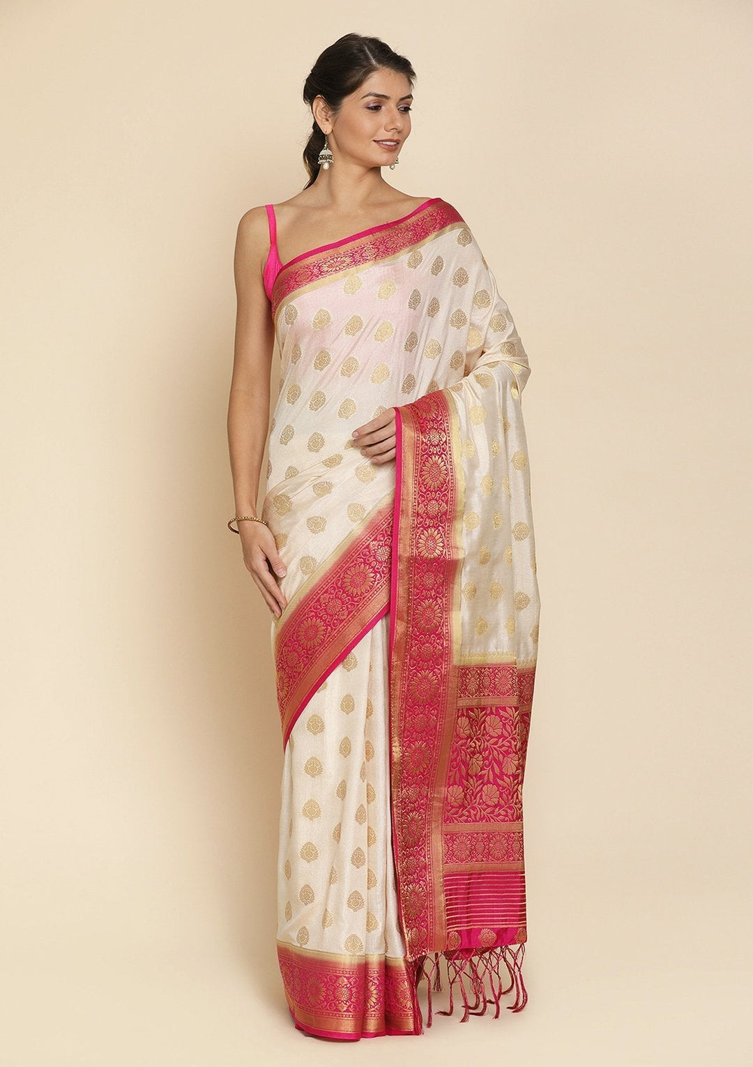 Beige Zariwork Raw Silk Designer Saree - koskii