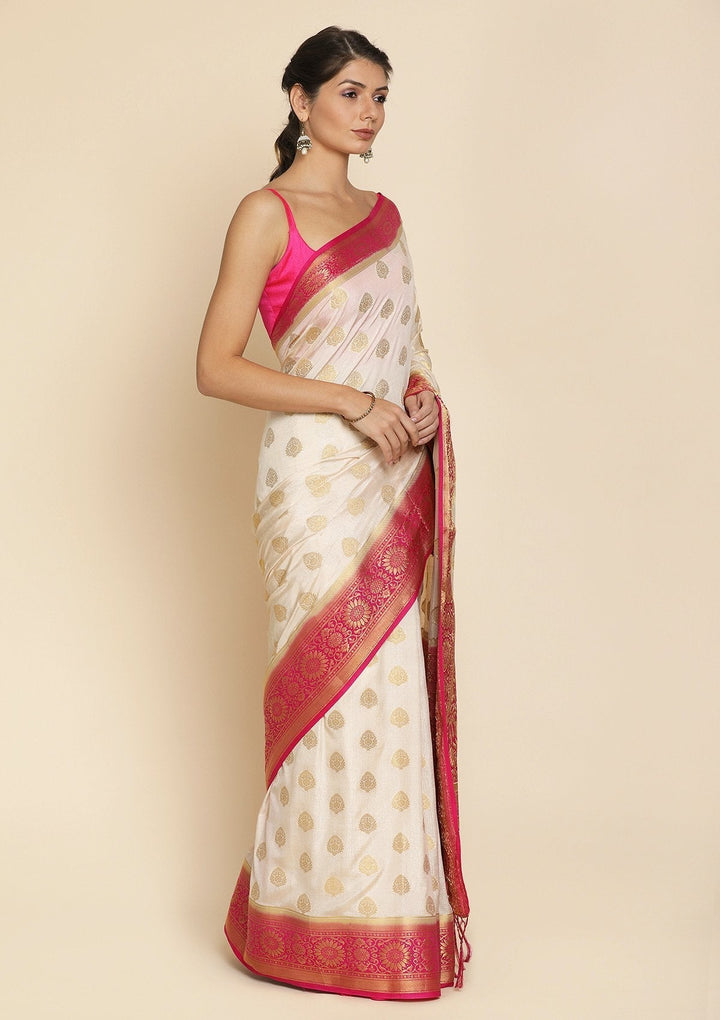 Beige Zariwork Raw Silk Designer Saree - koskii
