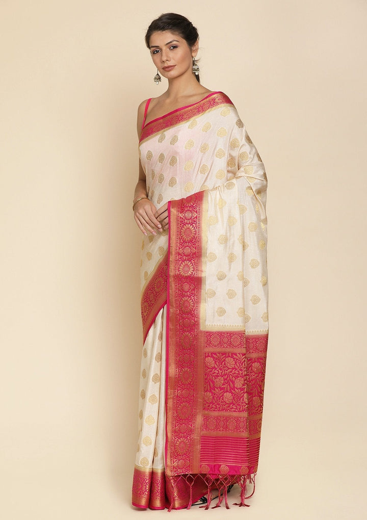 Beige Zariwork Raw Silk Designer Saree - koskii