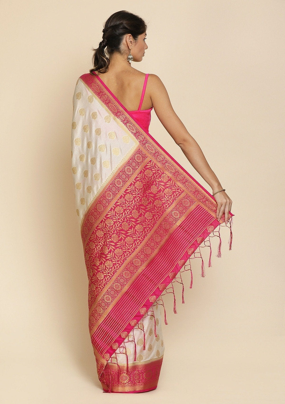 Beige Zariwork Raw Silk Designer Saree - koskii
