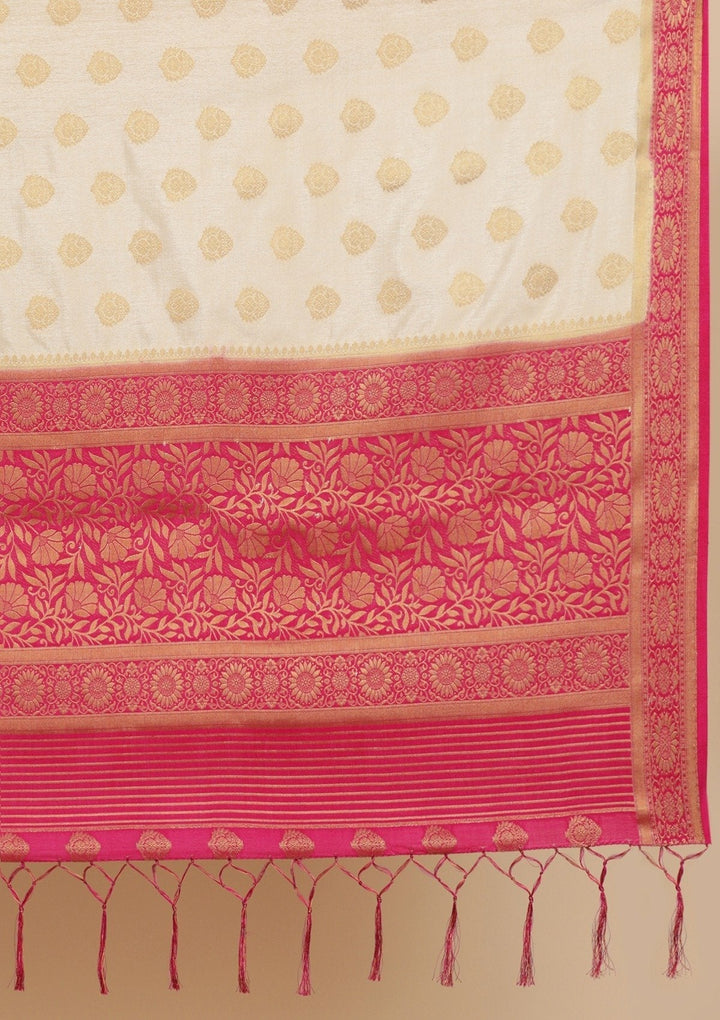Beige Zariwork Raw Silk Designer Saree - koskii