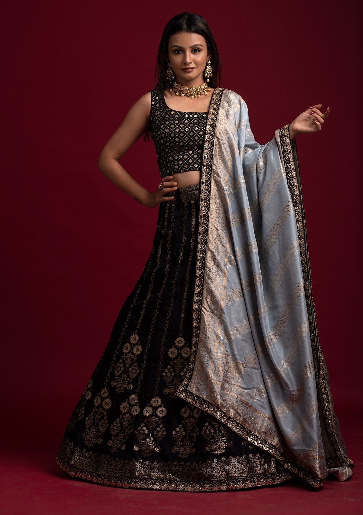 Black Gotapatti Banarasi Designer Semi-Stitched Lehenga - koskii
