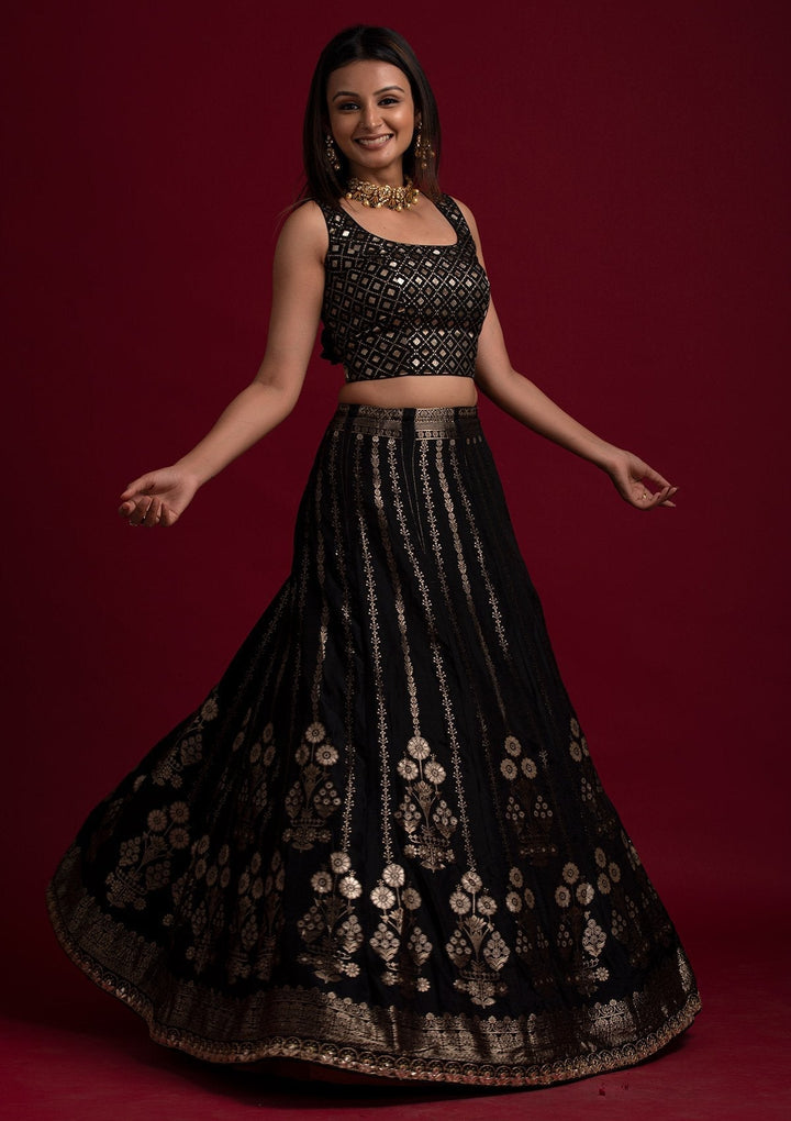 Black Gotapatti Banarasi Designer Semi-Stitched Lehenga - koskii
