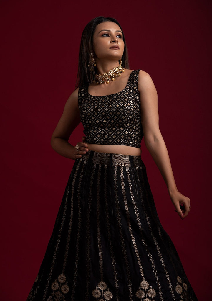 Black Gotapatti Banarasi Designer Semi-Stitched Lehenga - koskii