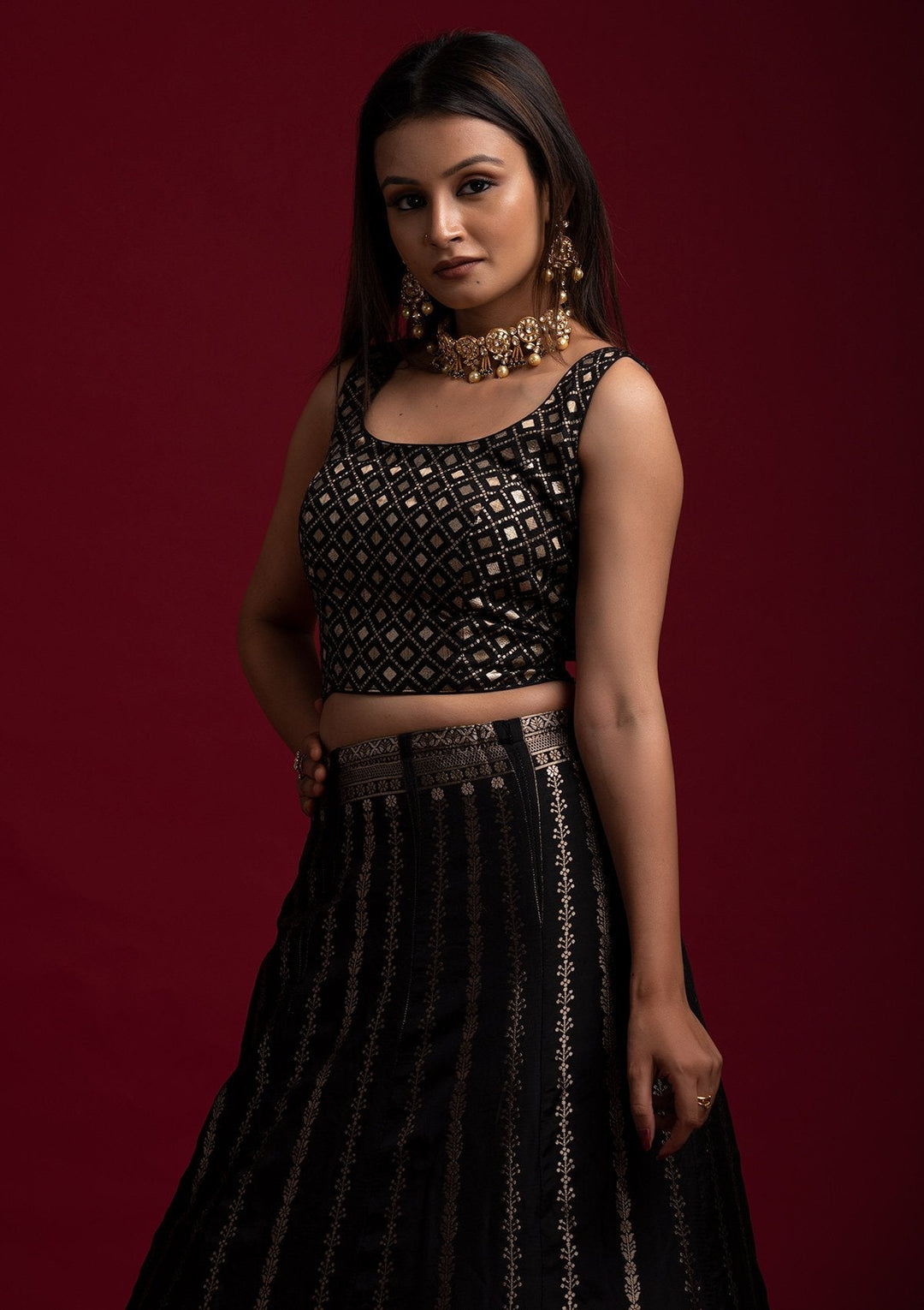 Black Gotapatti Banarasi Designer Semi-Stitched Lehenga - koskii