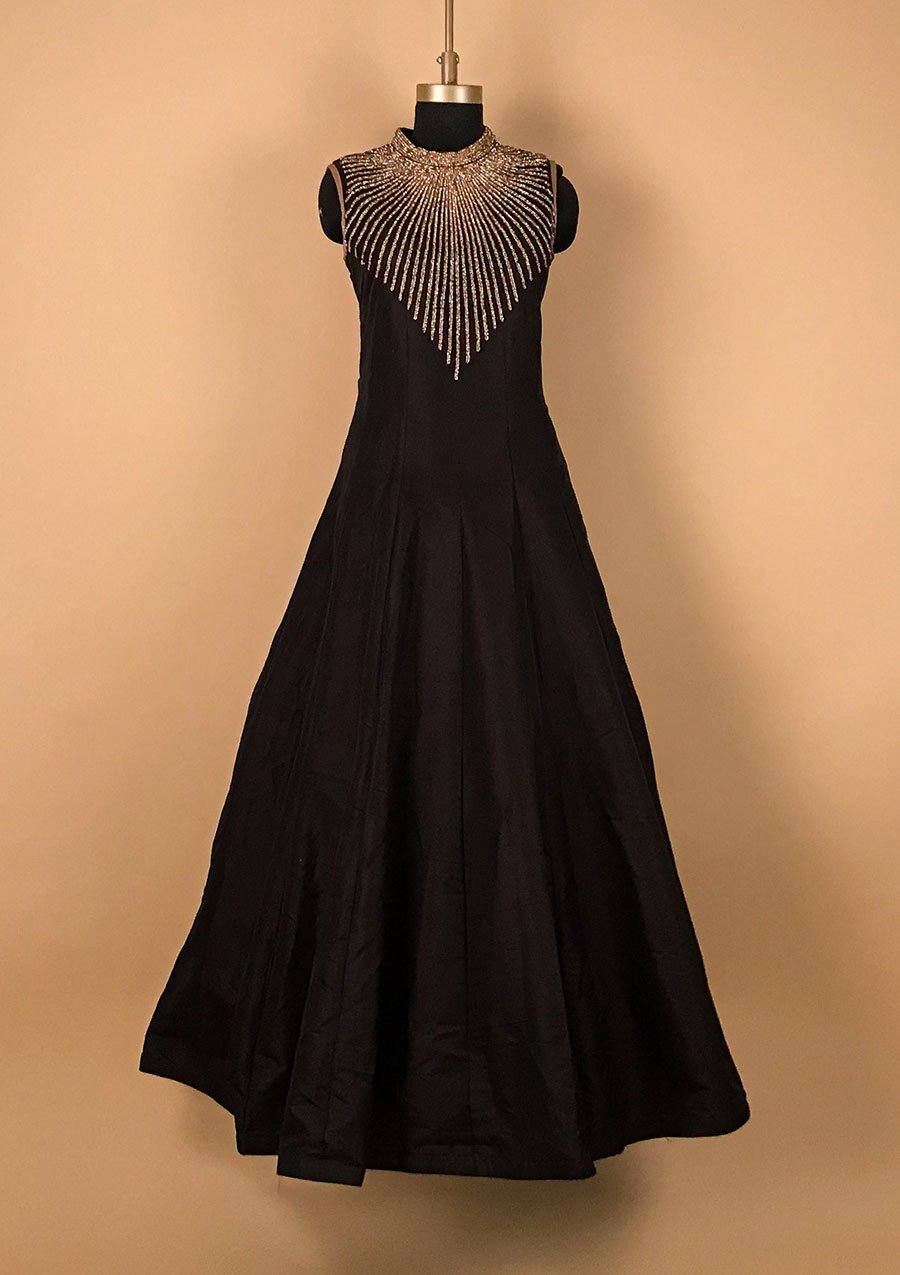 Black Stonework Taffeta Silk Designer Gown - koskii