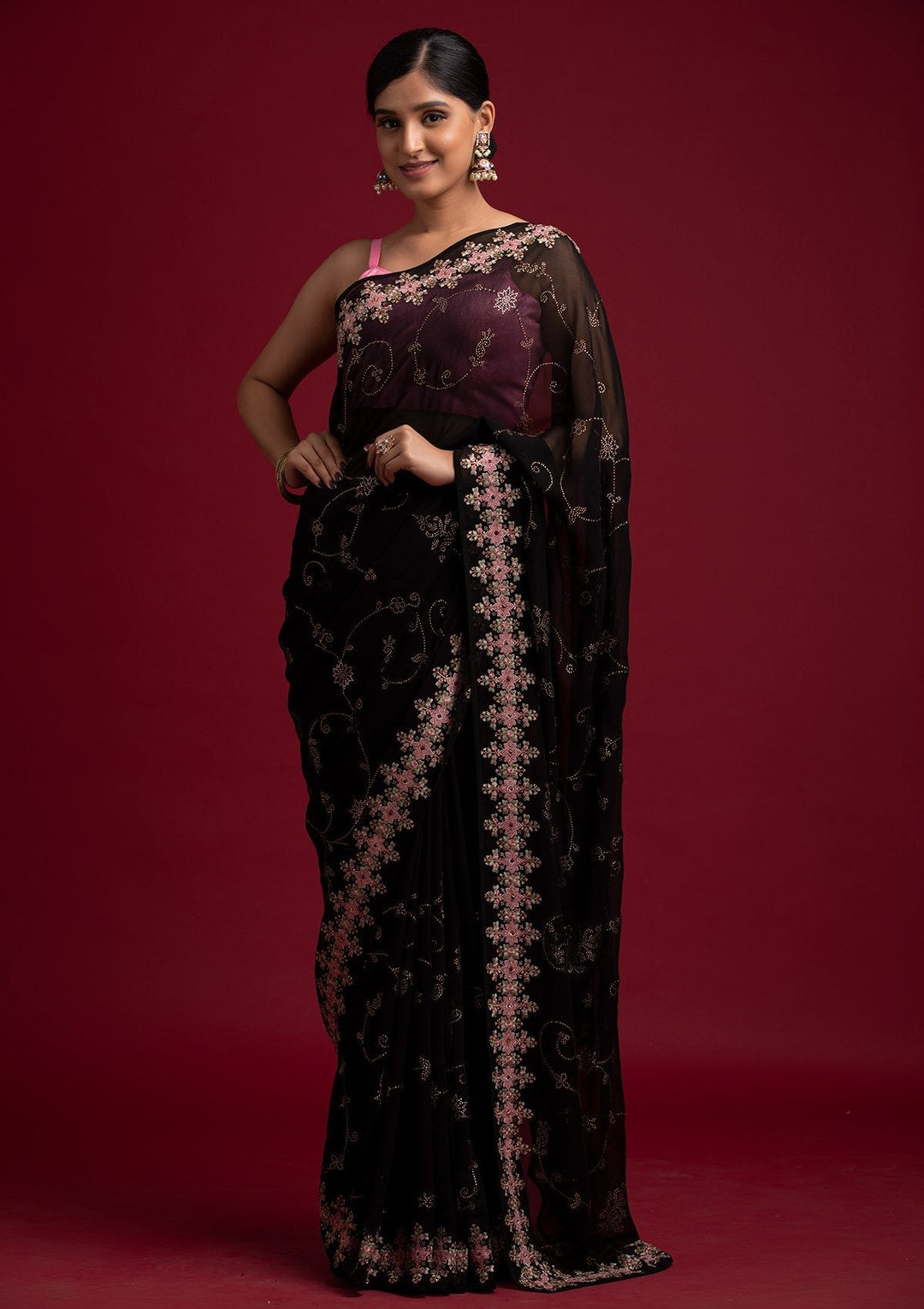 Black Swarovski Georgette Designer Saree - koskii