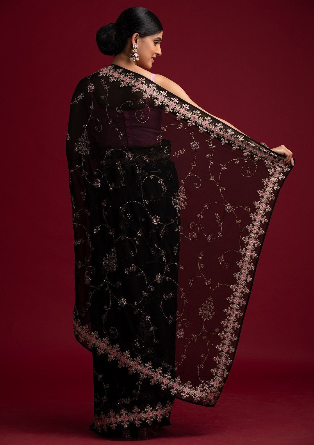 Black Swarovski Georgette Designer Saree - koskii