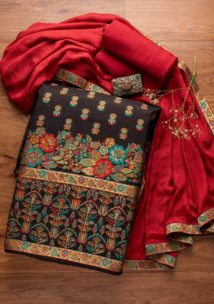 Black Swarovski Raw Silk Designer Unstitched Salwar Suit - koskii