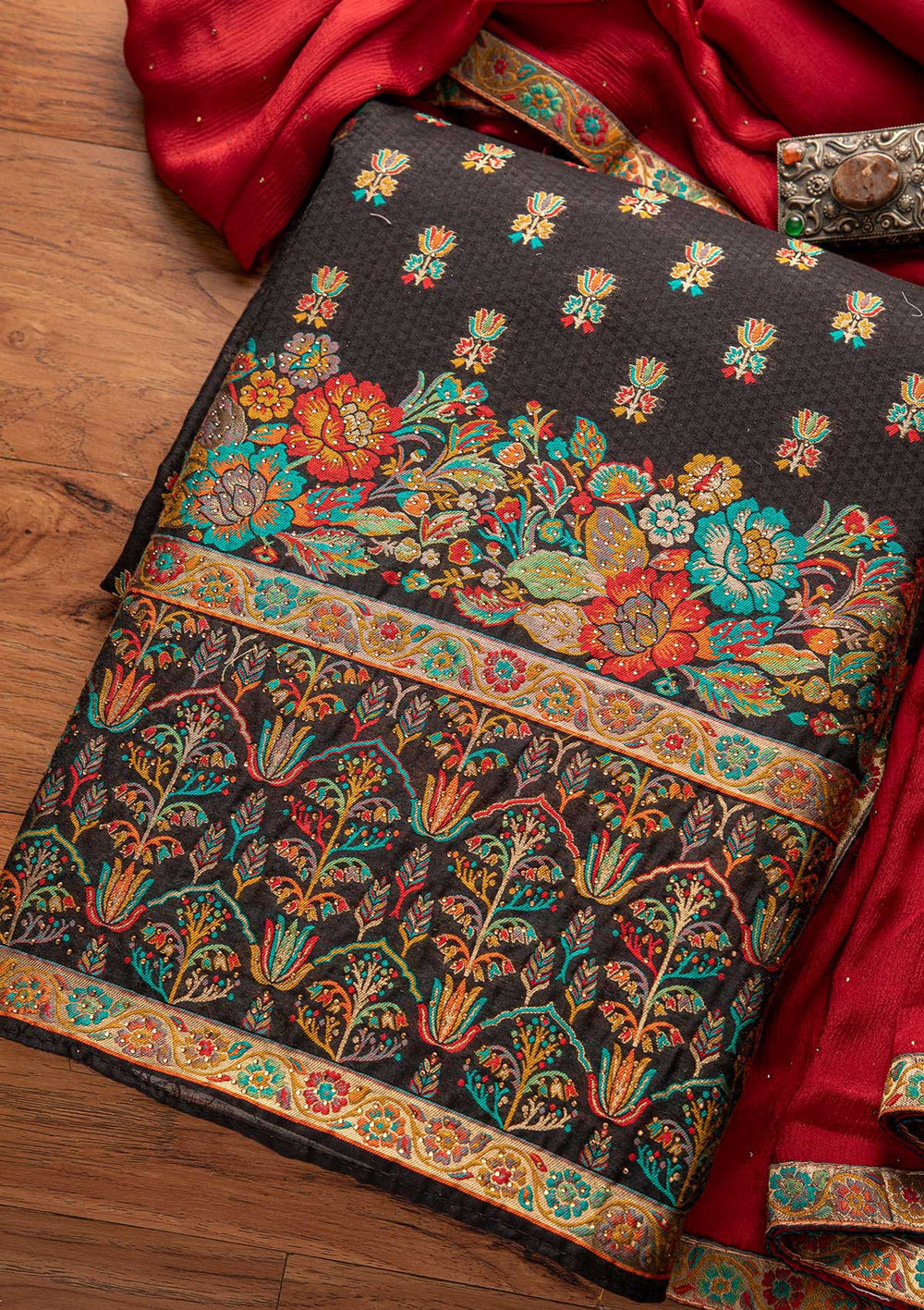 Black Swarovski Raw Silk Designer Unstitched Salwar Suit - koskii