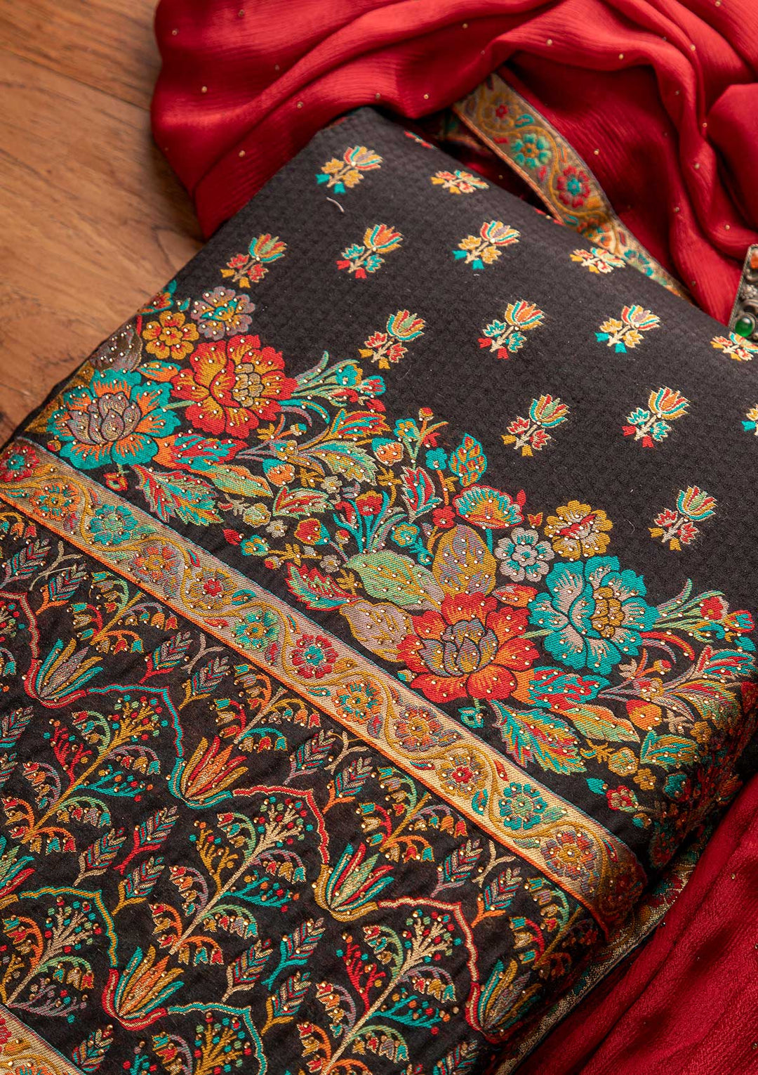 Black Swarovski Raw Silk Designer Unstitched Salwar Suit - koskii