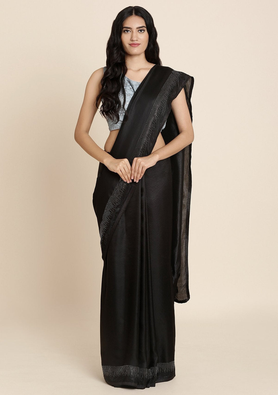 Black Swarovski Satin Designer Saree - koskii