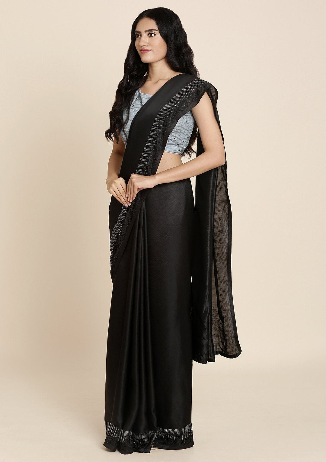 Black Swarovski Satin Designer Saree - koskii