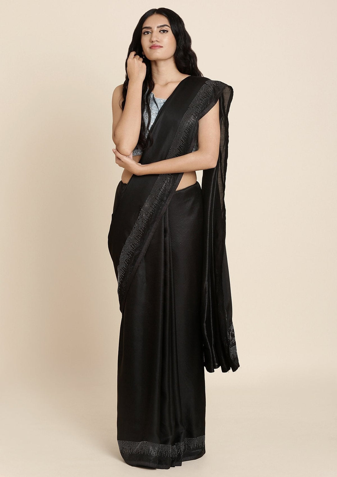 Black Swarovski Satin Designer Saree - koskii