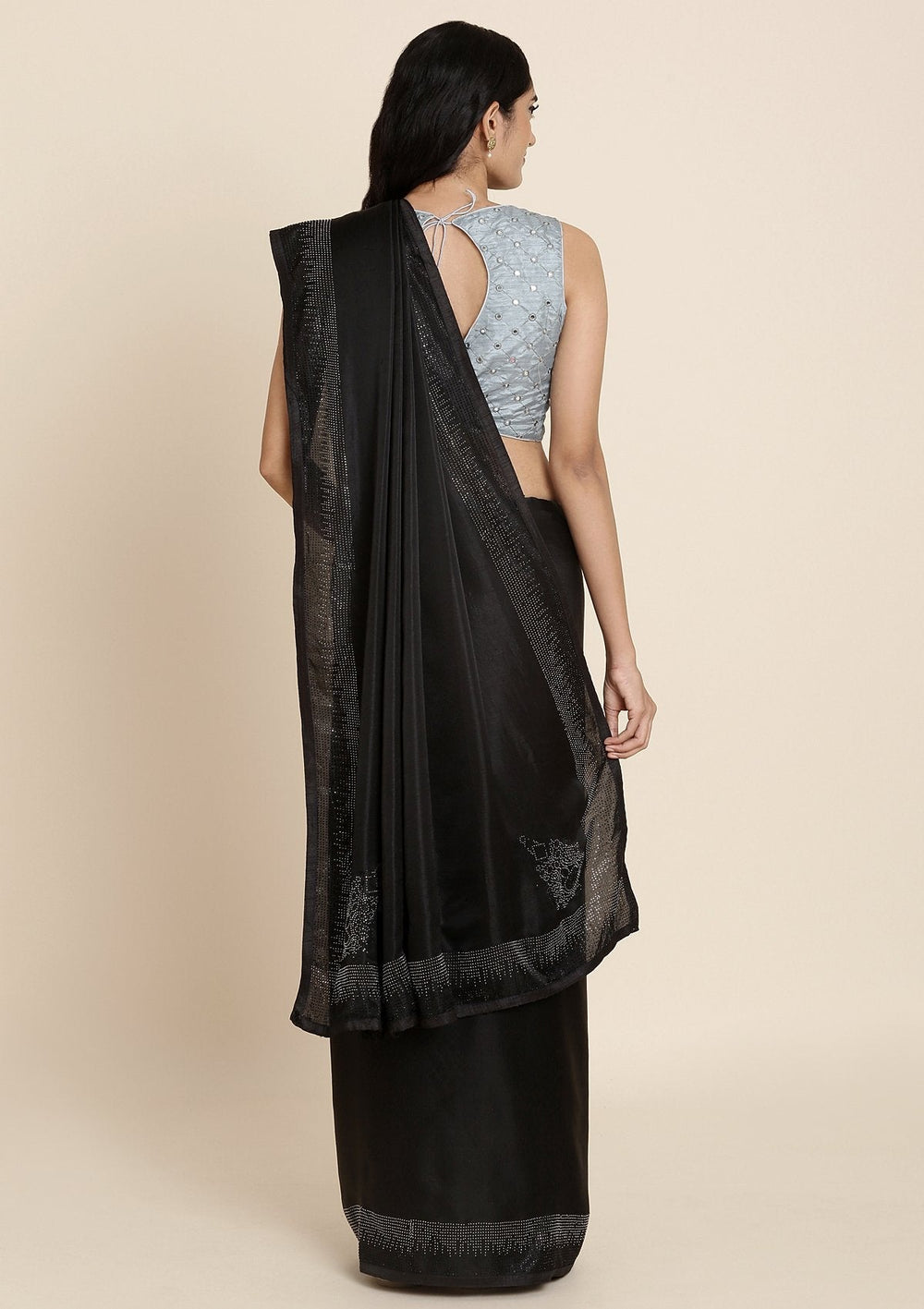 Black Swarovski Satin Designer Saree - koskii